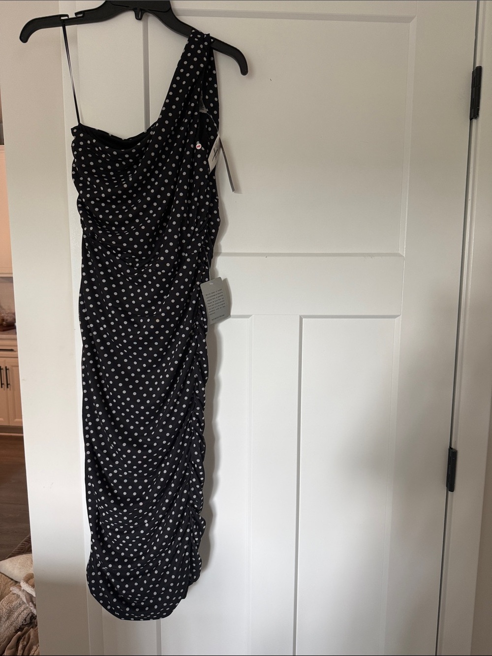 One-Shoulder Black Polka Dot Ruched Dress